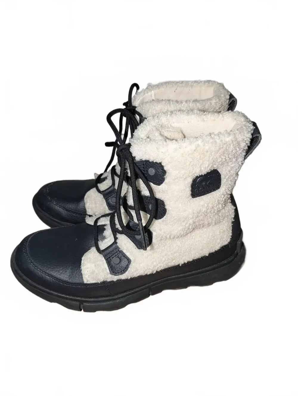 Sorel Women's 8.5 Explorer II Joan Cozy Black White Sherpa Lace-Up Winter Boots